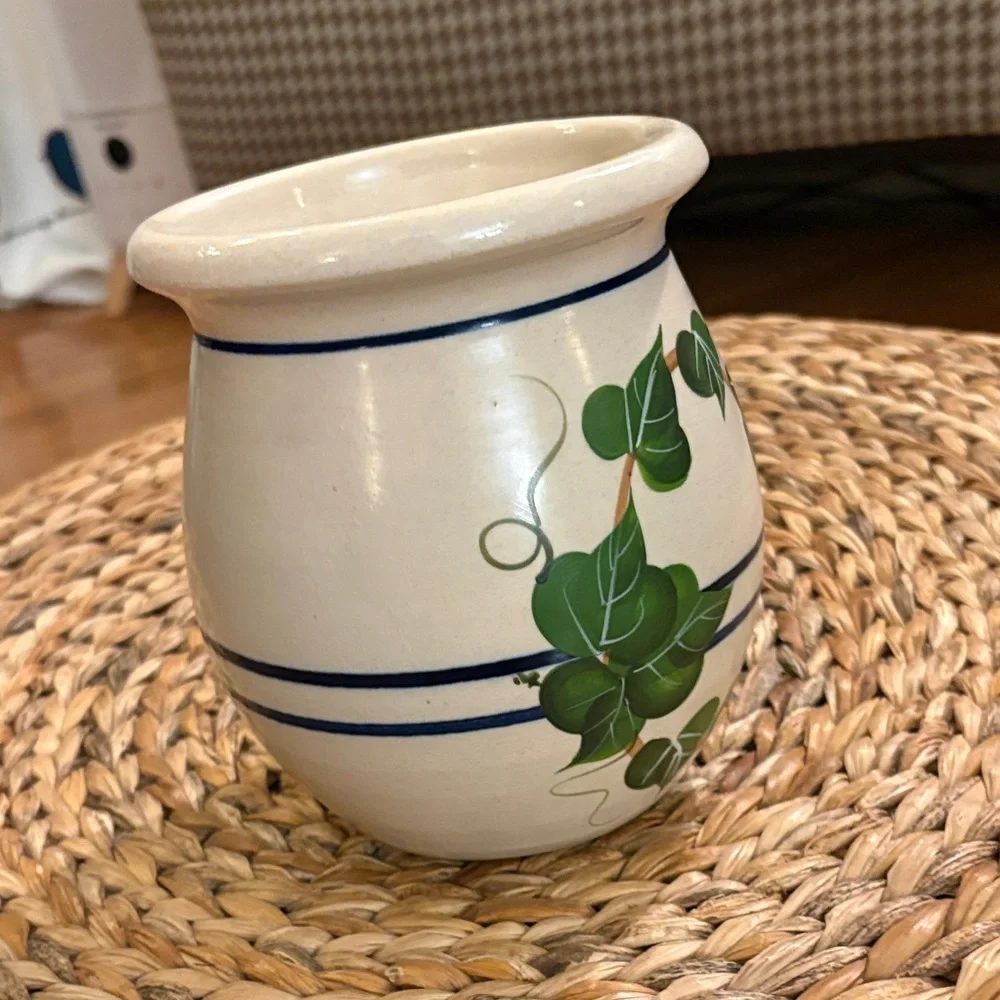 Stoneware Storage Jar with Green Leaf Design